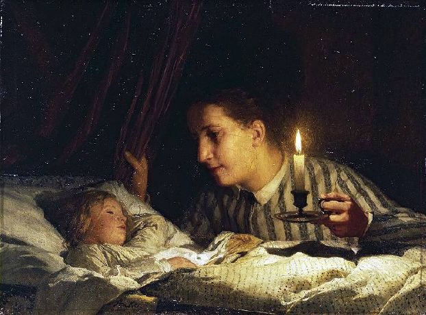 junge-mutter-bei-kerzenlicht-ihr-schlafendes-kind-betrachtend-young-mother-contemplating-her-sleeping-child-by-candlelight